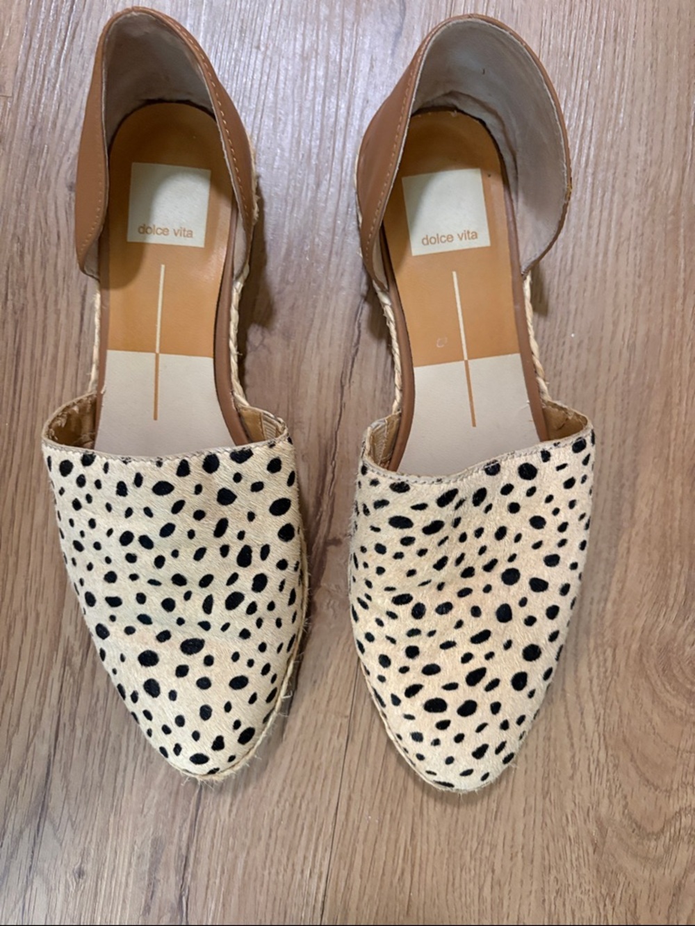 Dolce Vita Tan Espadrille D'Orsay Flats with Black Spotted Cream Upper
